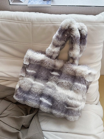 Sac Fourre-Tout en Peluche Grande Capacité pour Femmes Sac à Épaule en Fausse Fourrure Rayée Doux pour Automne Hiver Quotidien