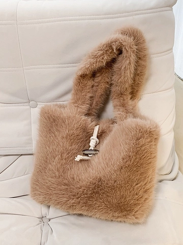 Bolso de Mano de Piel Sintética de Invierno para Mujer Gran Capacidad Bolso de Hombro de Felpa Con Botón de Trenca Casual Moda