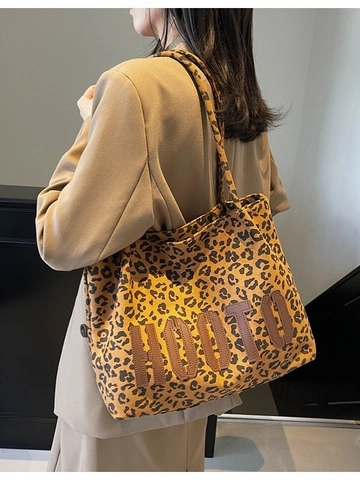 Bolso Tote de Antelina con Estampado de Leopardo Gran Capacidad Bolsa de Compras Bolso de Hombro Retro Con Parches de Letras Mujer