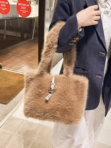 Bolso de Mano de Piel Sintética de Invierno para Mujer Gran Capacidad Bolso de Hombro de Felpa Con Botón de Trenca Casual Moda