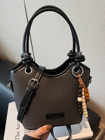 Sac Seau Minimaliste en Toile et Cuir PU pour Femmes Petit Sac Bandoulière Avec Pendentif en Perles de Bois Mode Vintage