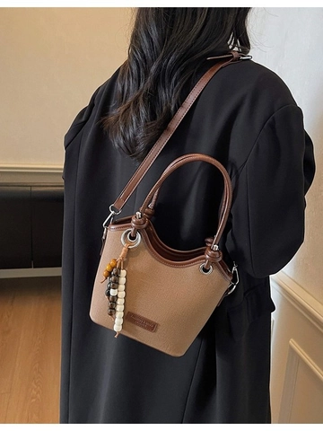 Sac Seau Minimaliste en Toile et Cuir PU pour Femmes Petit Sac Bandoulière Avec Pendentif en Perles de Bois Mode Vintage