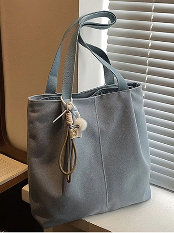 Bolso Tote de Lona de Gran Capacidad para Mujer Moda Estilo Coreano Bolso de Hombro Con Colgante de Bola de Peluche Escuela