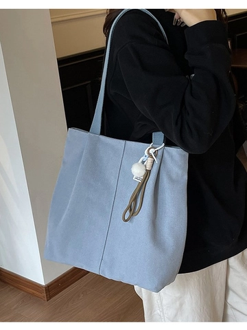 Bolso Tote de Lona de Gran Capacidad para Mujer Moda Estilo Coreano Bolso de Hombro Con Colgante de Bola de Peluche Escuela