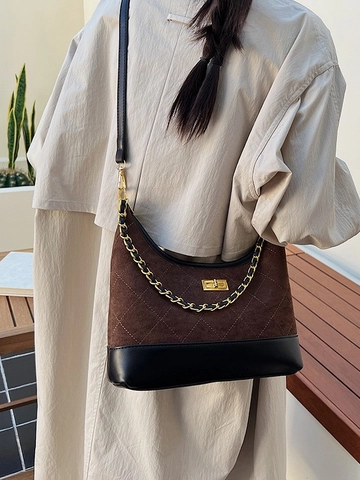 Damen Vintage Gesteppte Umhängetasche PU Leder Wildleder Patchwork Kette Schultertasche Matte Knödeltasche Für Den Alltag