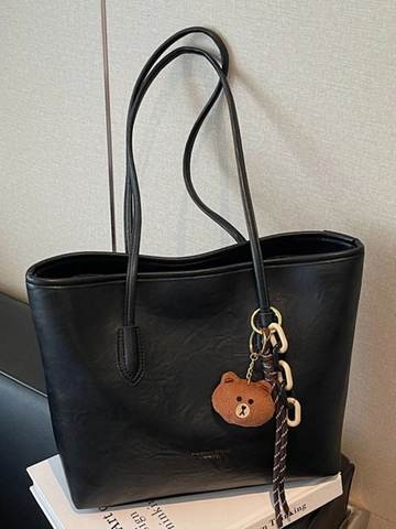 Bolso de Mano Tote para Mujer Vintage Gran Capacidad Cuero PU Retro Bolso de Hombro Moda Simple Bolso de Viaje Diario con Colgante de Oso
