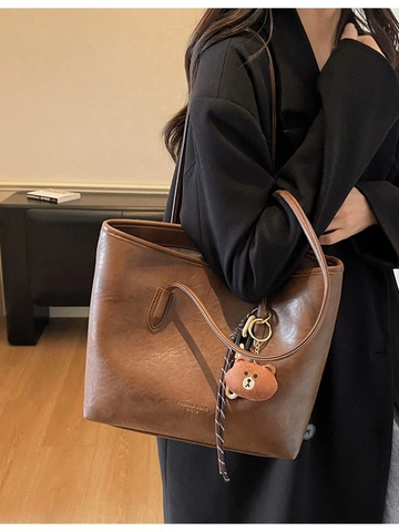 Bolso de Mano Tote para Mujer Vintage Gran Capacidad Cuero PU Retro Bolso de Hombro Moda Simple Bolso de Viaje Diario con Colgante de Oso