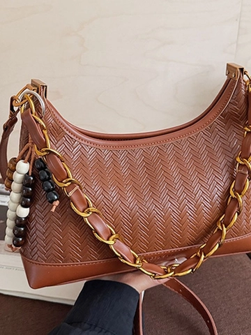 Sac Hobo Femme en Suédine et Cuir PU Grande Capacité Sac Bandoulière Tissé Avec Bandoulière Chaîne et Pendentif en Perles Sac Quotidien