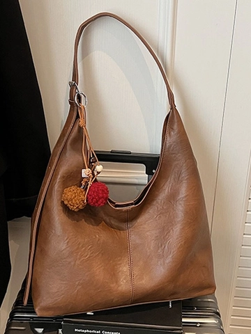 Sac Fourre-Tout Hobo en Cuir PU Grande Capacité pour Femmes Vintage Surpiqûre Sac à Bandoulière Avec Charme de Pompon
