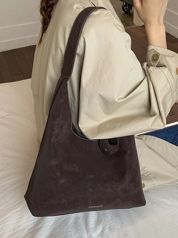 Borsa a Tracolla da Donna in Finta Pelle Scamosciata Grande Capacità Hobo Tote Bag Vintage Minimalista con Cuciture a Contrasto