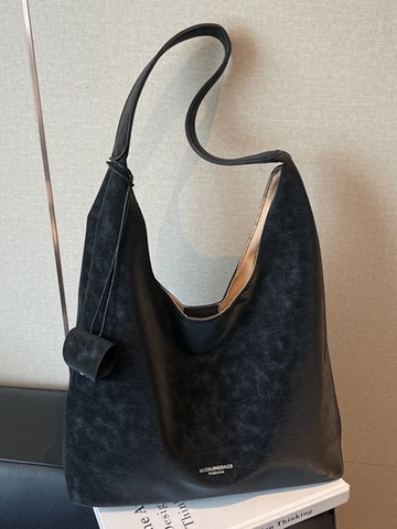 Women Large Capacity PU Leather Tote Bag Vintage Hobo Shoulder Bag Minimalist Commuter Shopping Handbag Soft Plain Solid Color