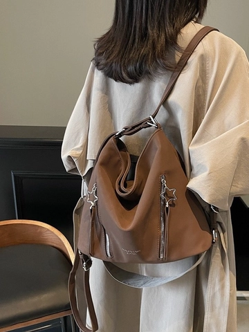 Große Kapazität Wildleder Hobo Tasche Für Damen Mit Stern Metallanhänger Multifunktionaler Schulterrucksack Umhängetasche Pendler Tasche