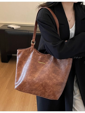 Sac Fourre-tout Vintage en Cuir PU Grande Capacité pour Femmes Sac à Épaule Texture Cirée Rétro Bureau Travail Main