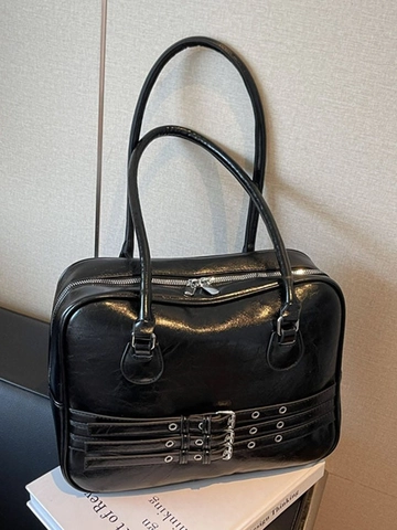 Borsa Tote in Pelle PU Vintage di Grande Capacità per Donna Retro con Tripla Fibbia Decorazione Borsa a Tracolla Pendolare Sottobraccio