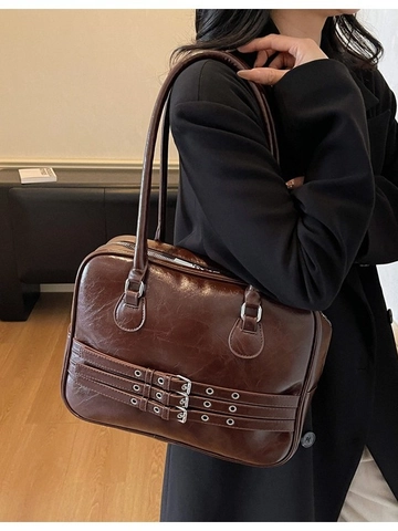 Borsa Tote in Pelle PU Vintage di Grande Capacità per Donna Retro con Tripla Fibbia Decorazione Borsa a Tracolla Pendolare Sottobraccio