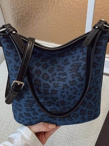 Vintage Leopard Print Bucket Bag For Women PU Leather Crossbody Bag Fashion Contrast Color Small Shoulder Bag Daily Purse
