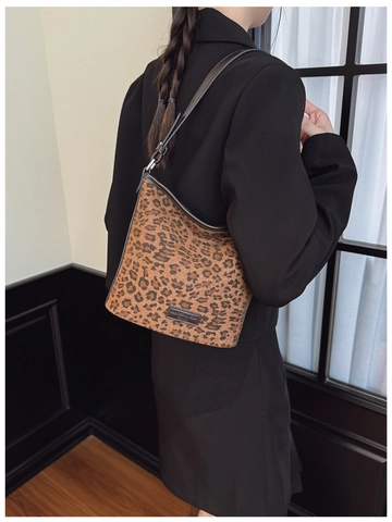 Vintage Leopard Print Bucket Bag For Women PU Leather Crossbody Bag Fashion Contrast Color Small Shoulder Bag Daily Purse