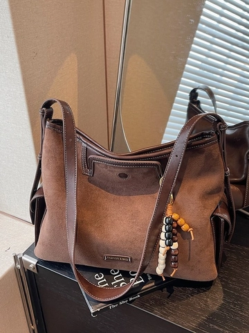 Large Capacity Suede Tote Bag For Women Vintage Contrast Stitching Shoulder Crossbody Bag With Beaded Pendant Fashion Purse