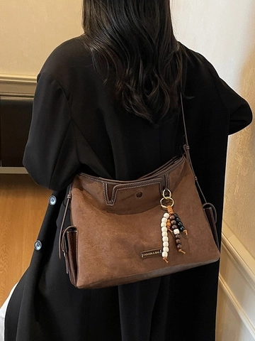 Large Capacity Suede Tote Bag For Women Vintage Contrast Stitching Shoulder Crossbody Bag With Beaded Pendant Fashion Purse