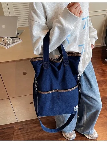 Bolso Tote de Mezclilla para Mujer Gran Capacidad Vintage Jeans Lavados Bolso de Hombro Cruzado con Ribete de Cuero Casual Viaje
