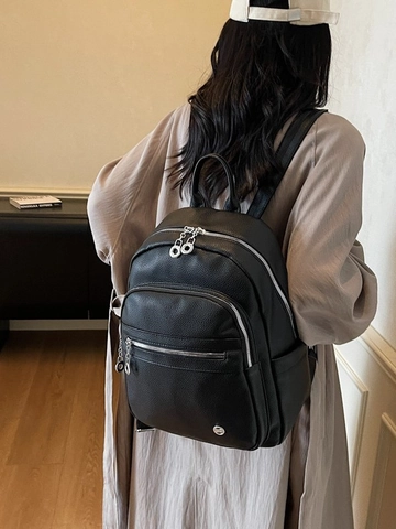 Mochila de Cuero PU con Patrón de Lichi para Mujer Moda Gran Capacidad Mochila Escolar Conmutador Color Sólido Herrajes de Plata
