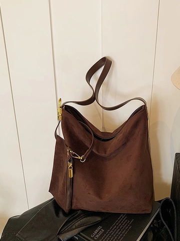 Borsa Tote da Donna Vintage in Pelle Scamosciata Sintetica Grande Capacità Hobo a Tracolla Pendolare Con Componenti Dorati