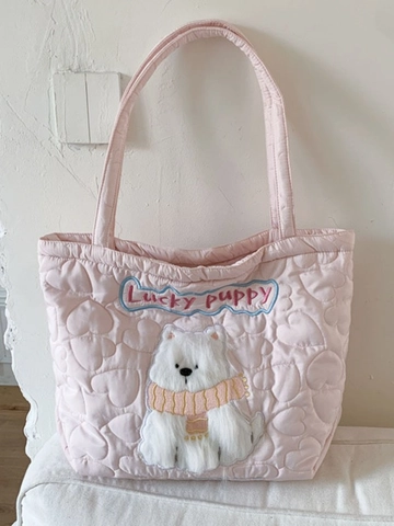 Women Large Capacity Quilted Canvas Tote Bag Heart Pattern Cartoon Animal Embroidery Casual Shoulder Bag For School Everyday