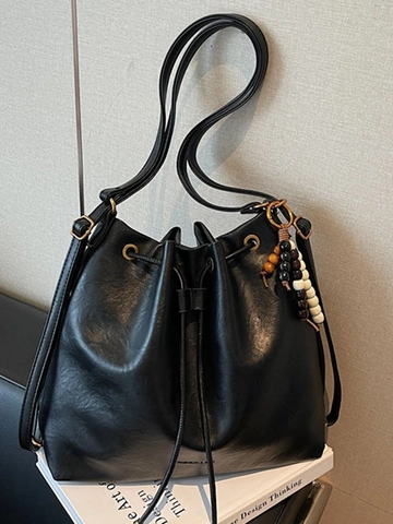 Large Capacity Pleated Bucket Backpack Women Vintage PU Leather Drawstring Shoulder Multi Functional Commuter Crossbody Bag