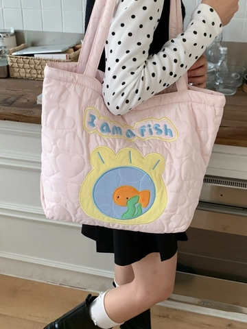 Women Large Capacity Quilted Canvas Tote Bag Heart Pattern Cartoon Animal Embroidery Casual Shoulder Bag For School Everyday