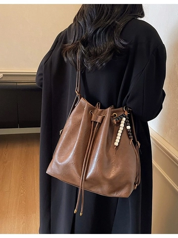 Large Capacity Pleated Bucket Backpack Women Vintage PU Leather Drawstring Shoulder Multi Functional Commuter Crossbody Bag