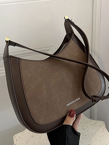 Sac à Épaule Vintage en Cuir PU Dépoli Patchwork pour Femmes Sac Sous le Bras Hobo Croissant Décontracté Imprimé Lettres