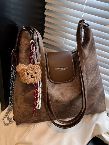 Women Vintage PU Leather Large Capacity Tote Bag Contrast Stitching Shoulder Bag With Chain And Teddy Bear Pendant
