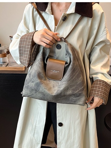 Women Vintage PU Leather Large Capacity Tote Bag Contrast Stitching Shoulder Bag With Chain And Teddy Bear Pendant
