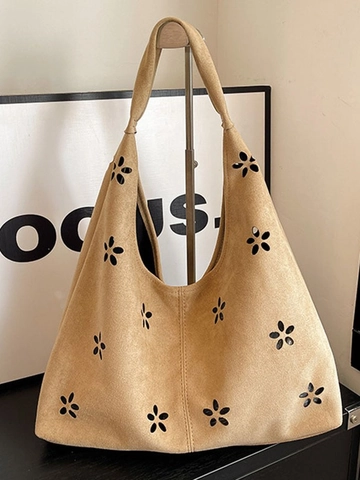 Women Laser Cut Hollow Floral Tote Bag PU Leather Large Capacity Shoulder Bag With Inner Pouch Casual Commuting Hobo Bag