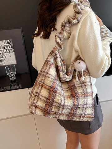 Bolso Tote de Moda de Peluche a Cuadros para Mujer Gran Capacidad Bolso de Hombro de Lana con Lindo Colgante de Monstruo Bolso de Mano de Invierno Casual