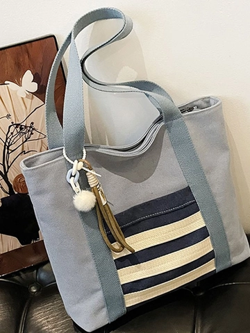 Fashion Large Capacity Canvas Tote Bag For Women Casual Striped Shoulder Bag With Pom Pom Charm School Commute Bag