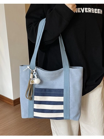 Fashion Large Capacity Canvas Tote Bag For Women Casual Striped Shoulder Bag With Pom Pom Charm School Commute Bag