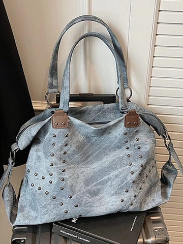 Vintage PU Leather Rivet Tote Bag Large Capacity Distressed Shoulder Bag For Women Casual Commute Handbag Travel Purse