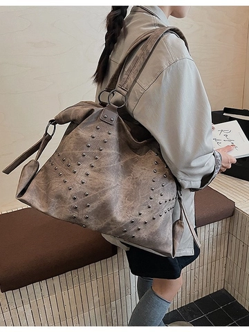 Vintage PU Leather Rivet Tote Bag Large Capacity Distressed Shoulder Bag For Women Casual Commute Handbag Travel Purse