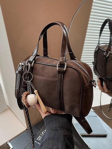 Women Suede Boston Bag Retro Matte Pillow Handbag With Baseball Pendant Fashion Commuter Shoulder Crossbody Bag Adjustable Strap