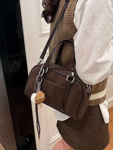 Women Suede Boston Bag Retro Matte Pillow Handbag With Baseball Pendant Fashion Commuter Shoulder Crossbody Bag Adjustable Strap