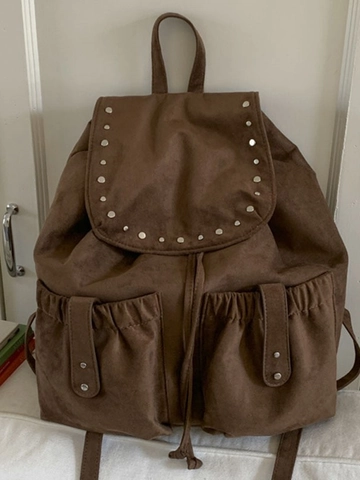 Women Large Capacity Canvas Backpack Casual Retro Rivet Drawstring School Bag Travel Commuting Multi Pocket Shoulder Bag