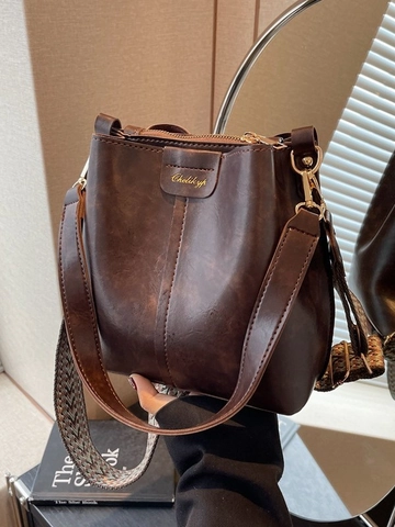 Borsa a Secchiello in Pelle PU Vintage per Donna Borsa a Tracolla Casual Retro Con Tracolla Intrecciata Geometrica Ferramenta Dorata Piccola Borsa a Spalla