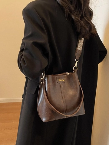 Borsa a Secchiello in Pelle PU Vintage per Donna Borsa a Tracolla Casual Retro Con Tracolla Intrecciata Geometrica Ferramenta Dorata Piccola Borsa a Spalla
