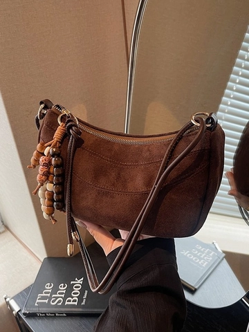 Retro Dames Dumpling Tas Van Imitatie Suède Vintage Hobo Schoudertas Met Houten Kralen Kwastje Minimalistisch Forens Tas