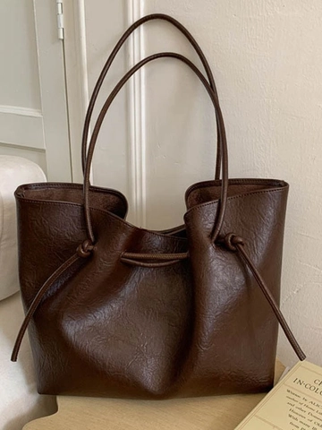 Large Capacity Minimalist Tote Bag For Women Retro PU Leather Shoulder Bag Fashion Handbag Casual Commuter Shopping Bag With Knot Detail