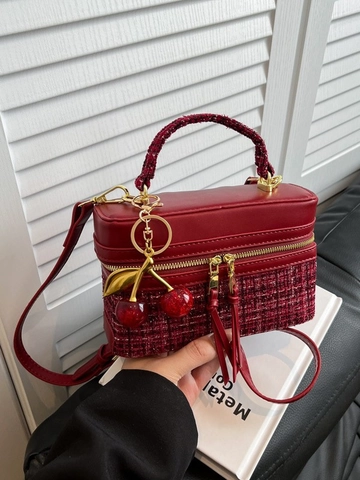 Bolso Cuadrado Pequeño de Patchwork de Cuero y Tweed de Moda para Mujer Niche Commute Bolso Bandolera Con Colgante Cereza