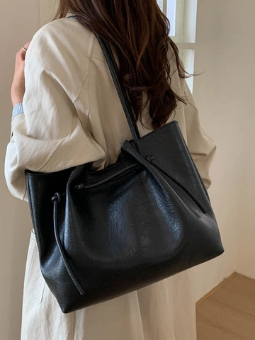 Large Capacity Minimalist Tote Bag For Women Retro PU Leather Shoulder Bag Fashion Handbag Casual Commuter Shopping Bag With Knot Detail