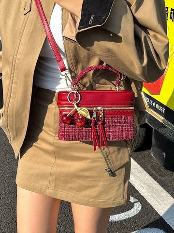 Bolso Cuadrado Pequeño de Patchwork de Cuero y Tweed de Moda para Mujer Niche Commute Bolso Bandolera Con Colgante Cereza