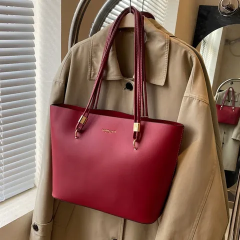 Bolso de Mano de Cuero PU para Mujer Gran Capacidad Bolso de Hombro Moda Con Herrajes Dorados Cierre de Cremallera Color Sólido